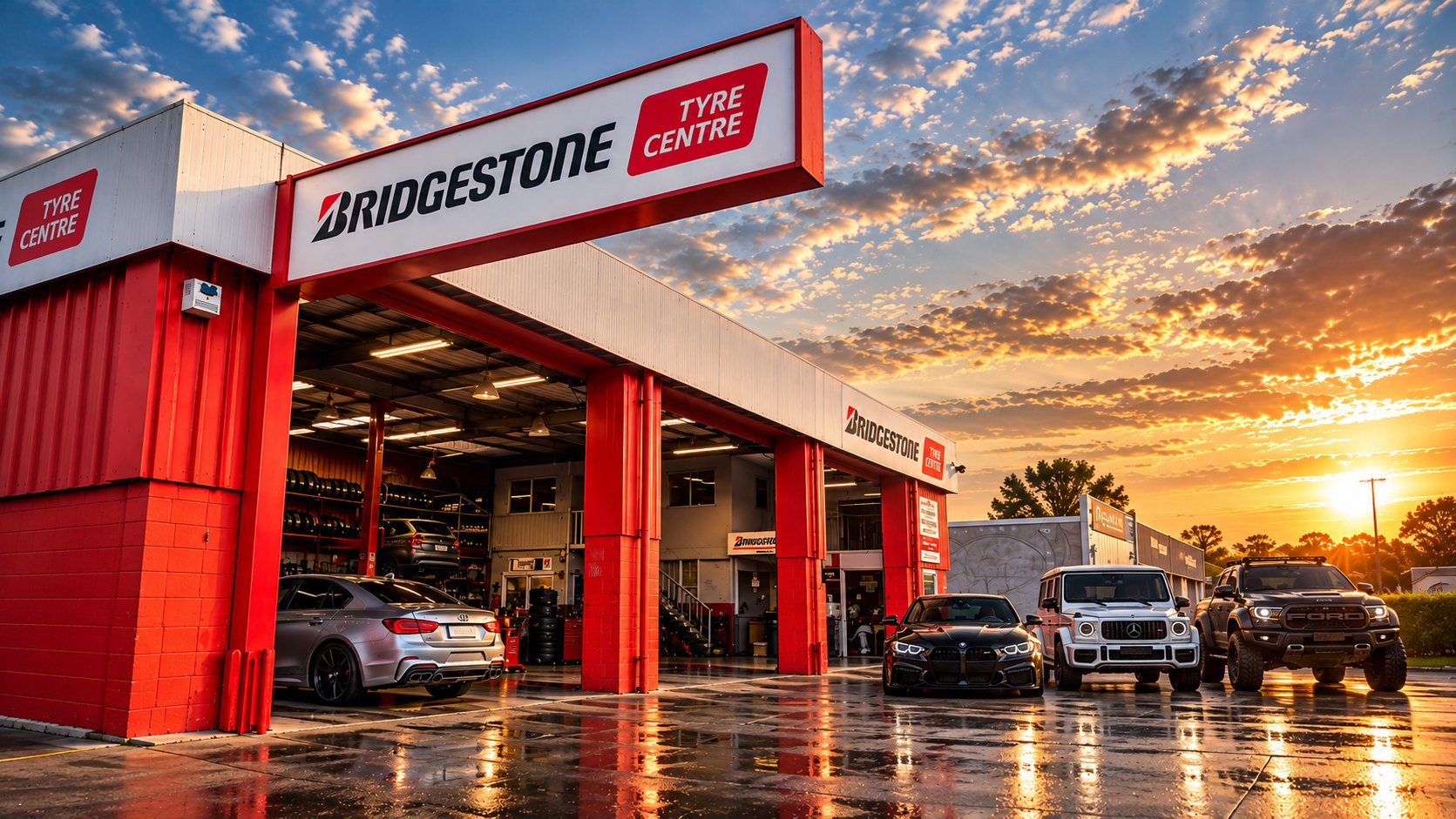 Bridgestone Tyre Centre Kumeu workshop at sunset